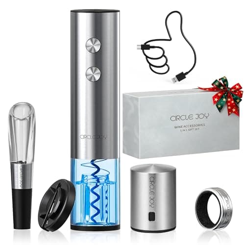 CIRCLE JOY Electric Wine Opener Rechargeable 5-in-1 Wine Gift Set with Foil Cutter, Wine Aerator Pourer, Wine Drip Ring & Vacuum Stopper, White Elephant Gifts for Adults, Silver - Image 1