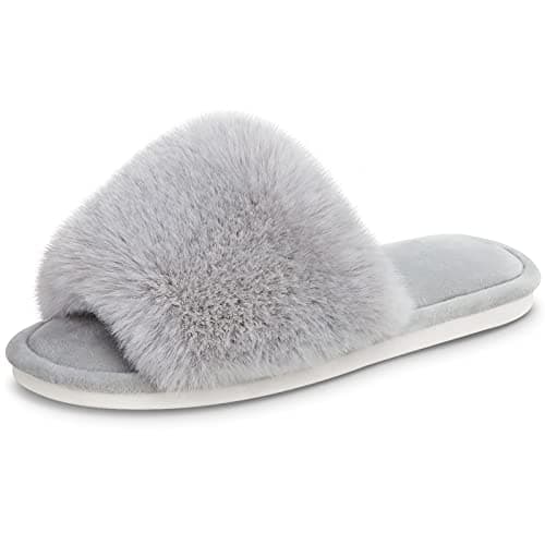 Parlovable Women's Faux Fur Slippers Fuzzy Flat Spa Fluffy Open Toe House Shoes Indoor Outdoor Slip on Memory Foam Slide Sandals Grey 9-10 - Image 1