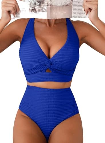 Herseas Women's Push Up Bikini Sets Twist Front Crisscross V Neck Top 2 Piece Swim Suits High Waisted 2026 Textured Royal Blue Slimming Bathing Suits Casual Beach Swimwear Medium - Image 1
