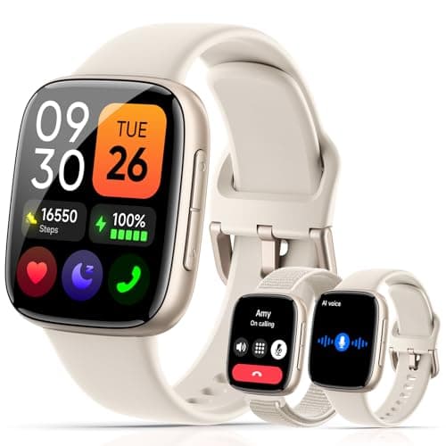 Quican Smart Watch for Women Men, 1.85" HD AMOLED Display, 2 Bands Included, Works with iPhone & Android, 12-Day Battery, 3ATM Waterproof, Bluetooth Call, Health & Fitness Tracker, Beige - Image 1