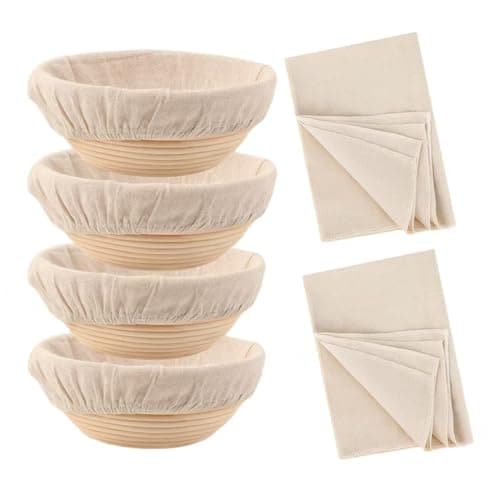 Set of 4 Proofing Basket, 9.8 Inch Round Bread Proofing Baskets with 2pcs 17"x29" Proofing Cloths, Sourdough Bread Baking Supplies, Bread Making Kit for Dough Baking - Image 1