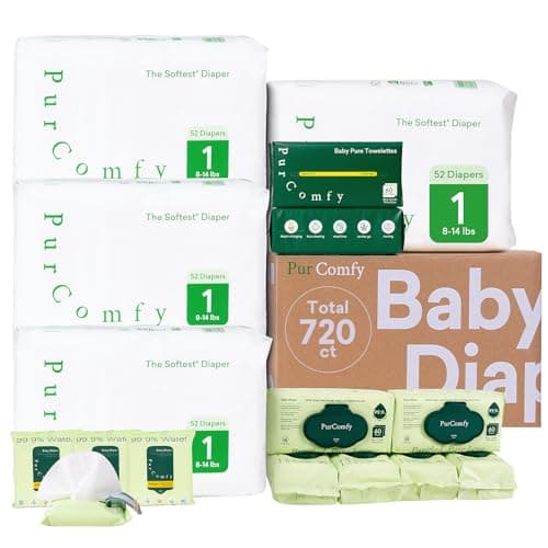 PurComfy Baby Diapers Essential Kit, 4 Pack Size 1 Diapers (208 Ct), 6 Baby Wipes (360Ct), 4 Travel Wipes (32Ct) and 2 Dry Wipes (120Ct), All-in-One Newborn Essentials Kit, Total 720 Ct - Image 1