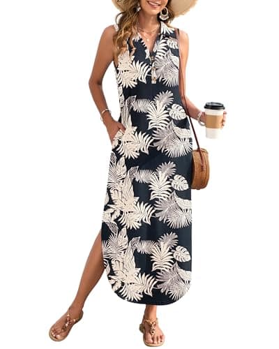 MOLERANI Long Sundress for Women Sleeveless Frinted Maxi Dress Casual Beach Summer Dresses Split 2026 Vacation Dress with Button, Rainforest Leaf, XL - Image 1