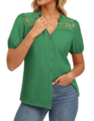 GRACE KARIN Women's 2026 Summer Casual Tops, Dressy Short Sleeve Lace Shirts, V Neck Button Down Work Blouses Outfits Shirt Green M - Image 1