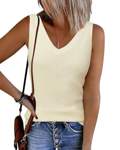 Arach&Cloz 2026 Women's Summer Tank Tops Spring Wool Blend Sleeveless Vest V Neck Ribbed Knit Soft Fall Cashmere Sweater Basic Blouse Fashion Shirts Business Casual Teacher Outfits Trendy Cream XXL - Image 1