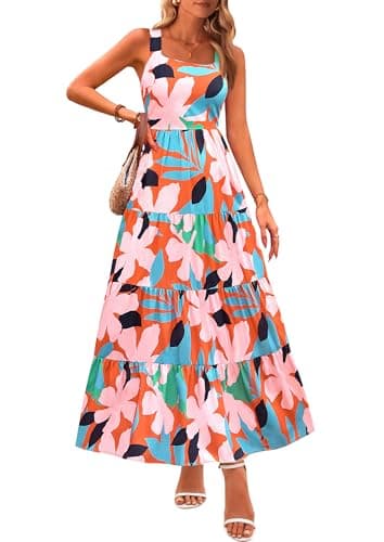 PRETTYGARDEN Women's Summer Floral Maxi Dress Sleeveless Smocked Ruffle Long Flowy Beach Vacation Boho Sundresses (Floral Orange Pink,Large) - Image 1
