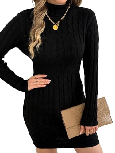 HEBELD Women’s Cable Knit Turtleneck Sweater Dress 2026 - Long Sleeve Knee Length Casual Fall Winter Dress with Elastic Waist, Black, Medium - Image 1