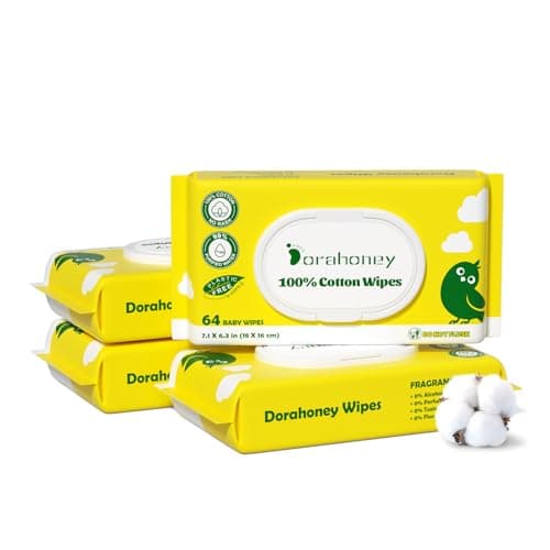 Dorahoney 100% USA Cotton Baby Wipes, 99% Purified Water Unscented Wet Wipes for Sensitive Skin, Hypoallergenic & Plastic-Free, 256 Count (4 Flip-Top Packs of 64) - Image 1