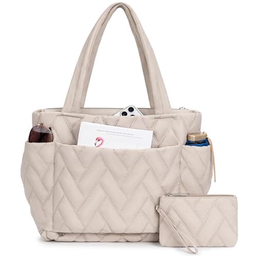 nuoku Puffer Tote Bag for Women, 20L Large Capacity, Lightweight Quilted Shoulder Bag with Multiple Compartments and Zipper for Work, Travel, Gym - Khaki - Image 1