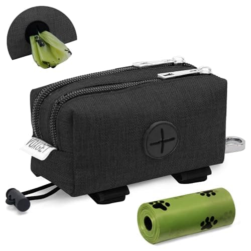VOXGET Dog Poop Bag Holder for Leashes, Puppy Treat Pouch Carrier with 2 Zipper Pockets and Clip for Pets Doggy Training, Dog Waste Bag Dispenser with 1 Roll Poop Bags for Walking Accessories (Black)