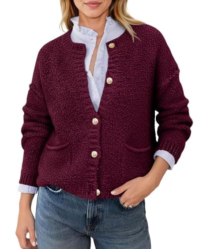 Saodimallsu Women's Chunky Knit Cardigan Button Down Crewneck Long Sleeve Cropped Sweater with Pockets Burgundy - Image 1