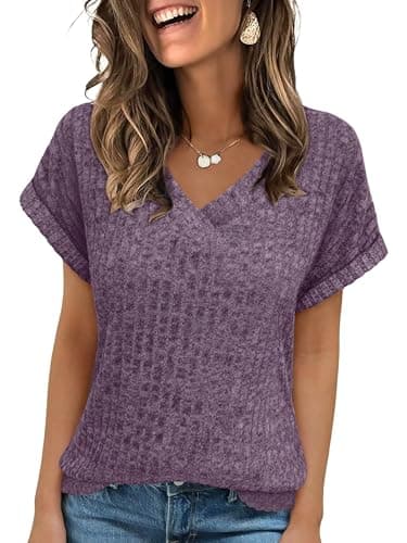 ANRABESS Women Tops Summer Sweaters Short Sleeve V Neck Shirts 2026 Spring Fashion Dressy Casual Business Tunic Blouses Purple XX-Large - Image 1