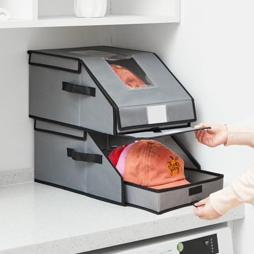 Frlanse 2 PCS Hat Organizer for Baseball Caps, Holds up to 26 Caps hat storage with Drawer, Clear Window, Stackable Oxford Fabric Hat Holder for Closet , Dust-Proof Hat Boxes for Home, Cap Lovers