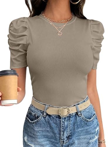 ANRABESS Women Puff Short Sleeve Crewneck Dressy Casual Tops Summer Fitted Ribbed Knit Trendy Work Shirts 2026 Spring Clothes Light Khaki Medium - Image 1