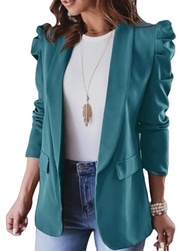 KIRUNDO Women's 2026 Spring Fall Casual Blazers Puff Sleeve Lapel Open Front Work Suit Office Blazer Jackets with Pockets(Cyan, Large) - Image 1