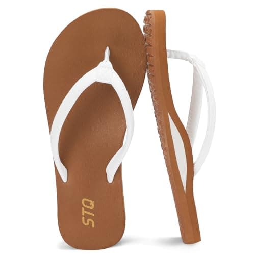 STQ Women's Orthopedic Arch Support Flip Flops Quick Dry Beach Sandals White Brown US Size 8 - Image 1