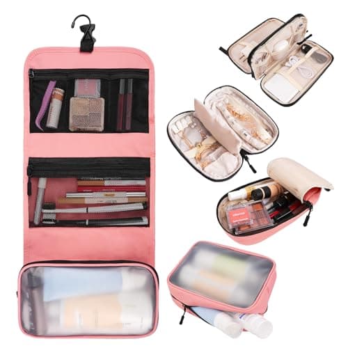 Idcymoul Travel Toiletry Bag 5-Piece Kit, Hanging Toiletries Bag+TSA Approved Cosmetic Bag+Jewelry Bag+ Brush Bag+Cable Bag, Professional Travel Essentials Accessories Organizer for Women- Pink - Image 1