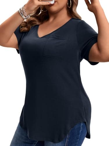 MK Shop Limited Plus Size T Shirts for Women Loose Short Sleeve V Neck Side Slit Curved Hem Sexy Summer Tops Casual Tees Dark Blue 2XL - Image 1