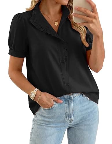 GRACE KARIN Women's 2026 Summer Short Sleeve Tops, Dressy Casual V Neck Blouses, Trendy Button Down Shirts Work Office Black XL - Image 1