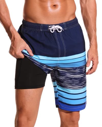 SILKWORLD Mens Swim Trunks Quick Dry 9" Long Board Shorts with Compression Liner Phone Pocket, Navy+Blue, Small - Image 1