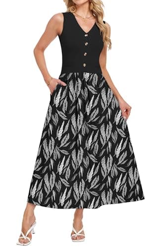 MOLERANI Boho Maxi Dress Womens 2026 Casual Sleeveless V-Neck Elegant Flowy Long Sundress with Button Front and with Pockets,Color Block,Holiday(BL Dot Leaf,S) - Image 1