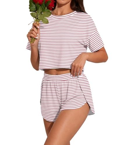 PrinStory Womens Pajama Sets Side Split Shorts Pj Set Cute Pjs 2 Piece Summer Lounge Sets FP-Pink White Stripe-XL - Image 1