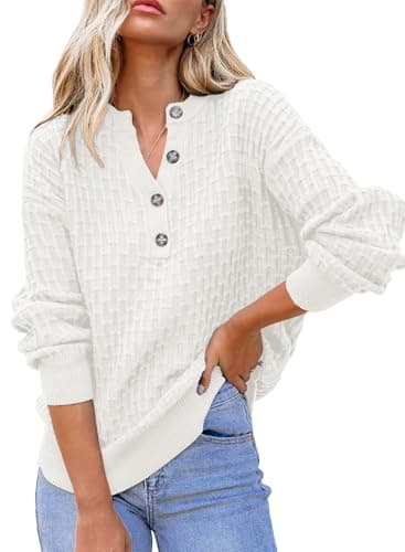 Dokotoo Fall Sweaters for Women 2025 Trendy V-Neck Button Down Henley Shirts Long Sleeve Textured Knitted Tops Solid Color Soft Warm Lightweight Sweater White Pullover Tops Medium - Image 1