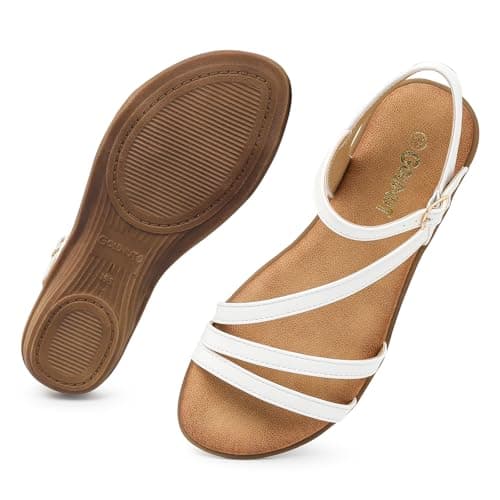 Goldnut Comfortable Flats White Sandals for Women Dressy Strappy Flats Ankle Strap Buckle Walking Casual Sandal size 8.5 - Image 1