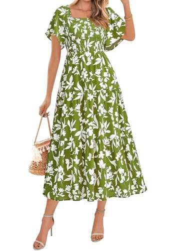 BTFBM Women's Clothing Wedding Guest Dresses Casual Boho Floral Short Sleeve Smocked Maxi Beach Spring Summer Dress 2026(Floral Army Green White, XX-Large) - Image 1