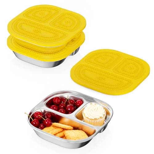 3 Pack Snack Containers,Lunch Box Containers,Food Grade Metal Base with a BPA Free Leakproof & Airtight Silicone Lid,Reusable Airtight Bento lunch Boxes, Kitchen Storage, Freezer (3 color) (Yellow) - Image 1