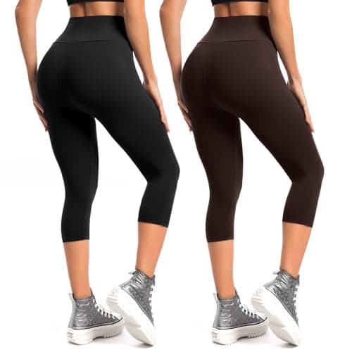 Leafigure 2-Pack Capri Leggings for Women, High Waisted Soft Yoga Pants for Gym Workout Black/Brown XXL - Image 1