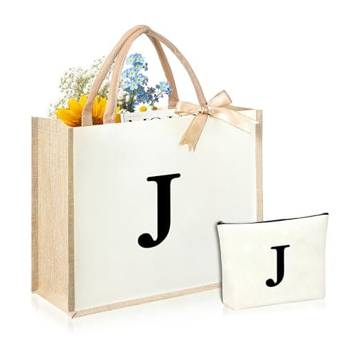 DCLOVERY Initial Canvas Tote Bag & Makeup Bag for Women Teacher Bridesmaids,Personalized Present for Wedding, Birthday, Beach (J, White) - Image 1