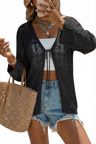 Arach&Cloz Women's Linen Blend Summer Crochet Cardigans Sweater Long Sleeve Lightweight Tie Open Front Lacey Knitted Sweater Boho Cover Up Beach Vacation Outfits Resort Wear Trendy 2026 Black S - Image 1