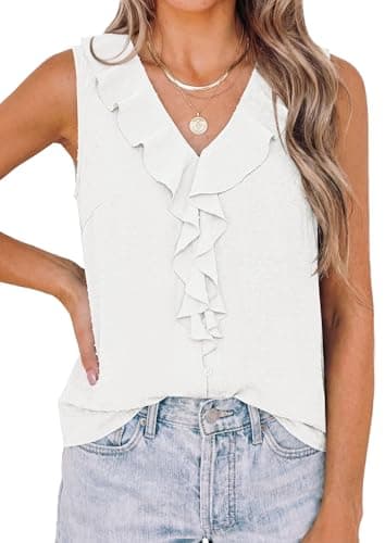 PRETTYGARDEN Womens Tank Tops 2026 Summer Dressy Casual Blouses Sleeveless Ruffle V Neck Swiss Dot Button Down Work Shirts (Off White,XX-Large) - Image 1