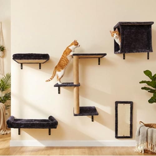 Teynouk 5in1 Cat Wall Shelves Climbing Systems, Large Cat Furniture Shelf Set Wall Hanging Mounted, Sisal Scratching Perch Bed 2 Steps Tower Tree for Indoor House Corner Ladder - Image 1