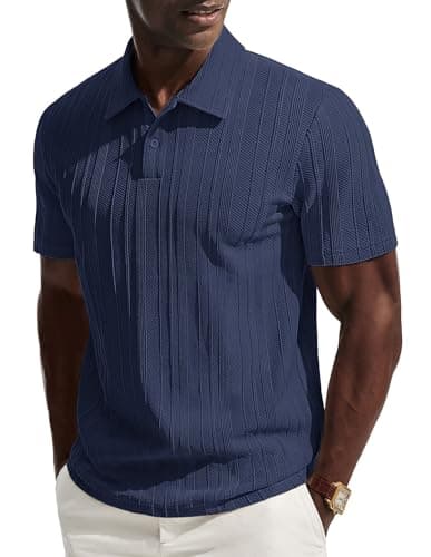 PJ PAUL JONES Mens Knit Polo Short Sleeve Collared Shirts Textured Polo Shirts Wrinkle-Free Ribbed Golf Shirts Navy Blue - Image 1