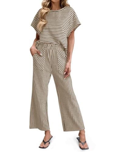 Tankaneo Womens Striped 2 Piece Sets Short Sleeve T Shirts Wide Leg Pants Matching Lounge Set with Pockets - Image 1