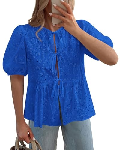KIRUNDO Peplum Tops for Women 2026 Summer Eyelet Tie Front Blouses Casual Short Lantern Sleeve Cute Y2K Lace Babydoll Shirts(Blue, Medium) - Image 1