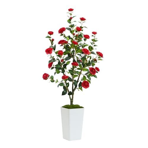 Artificial Camellia Tree 5FT Artificial Trees Indoor Fake Plant Blooming Tree with Red Flowers & White Tall Planter, Faux Camellia Plants for Porch Home Room Bedroom Office Front Door Outdoor Decor - Image 1