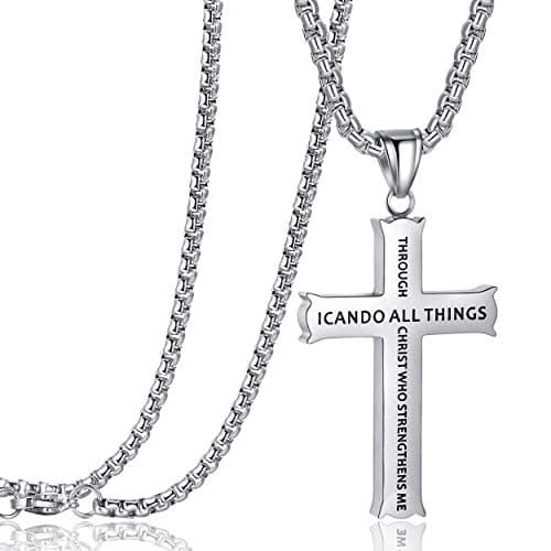 Rehoboth Stainless Steel Bible Verse Cross Pendant Necklaces for Men Women Philippians 4:13 Strength Bible Verse I CAN DO ALL THINGS 24 Chain Inch Silver - Image 1