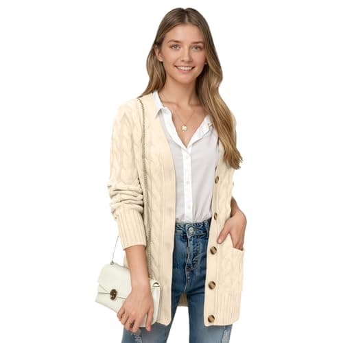 Women's Cable Knit Cardigan - Open Front Button Up Sweater with Pockets, Chunky Cardigan for Winter Women's Cardigan Beige - Image 1