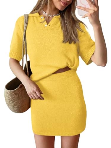 Tankaneo Womens 2 Piece Skirt Sets Short Sleeve V Neck Knit Polo Shirts Mini Skirts Summer Beach Vacation Outfits Lounge Sets - Image 1