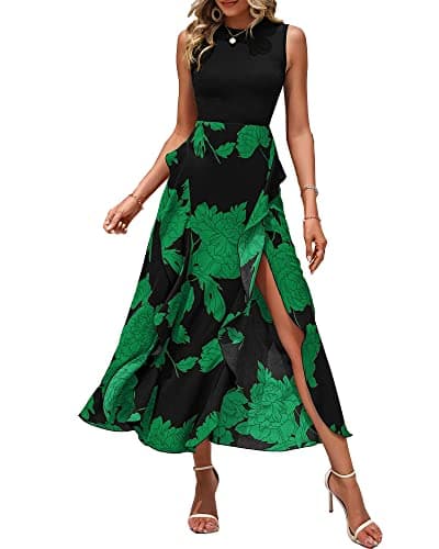 BTFBM Women Casual Sleeveless Summer Dresses 2025 Spring Crewneck Patchwork Boho Floral Ruffle Cocktail Party Midi Dress(Big Floral Green, Small) - Image 1