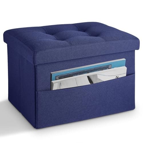 LINMAGCO Storage Ottoman Folding Foot Stool Foot Rest with Side Pocket Modern Ottoman with Storage Short Sofa Stool Linen Cloth 17x13x13(Navy) - Image 1