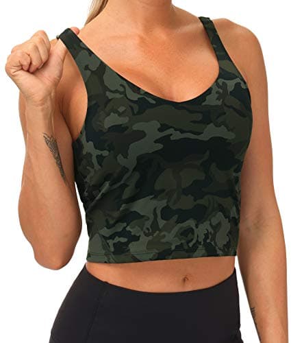Women’s Longline Sports Bra Wirefree Padded Medium Support Yoga Bras Gym Running Workout Tank Tops Green Camo - Image 1