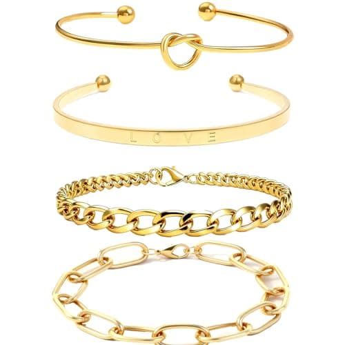 Alegend Bracelets Sets 14K Gold Plated Stackable Bold Link Chains, Romantic LOVE Engraved, Paperclip Cuff, Four-Layered Design - Image 1