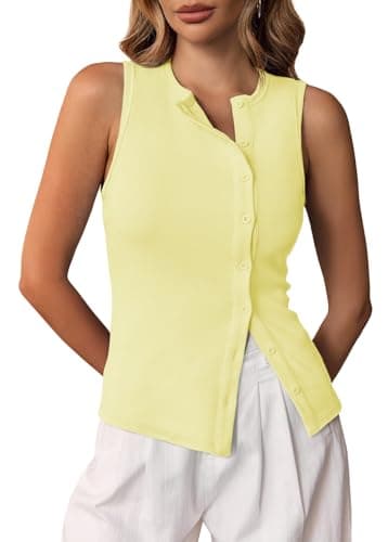 Cicy Bell Womens Button Down Tank Tops Summer Sleeveless Vest Tops Trendy Ribbed Fitted Going Out Shirts Light Yellow - Image 1