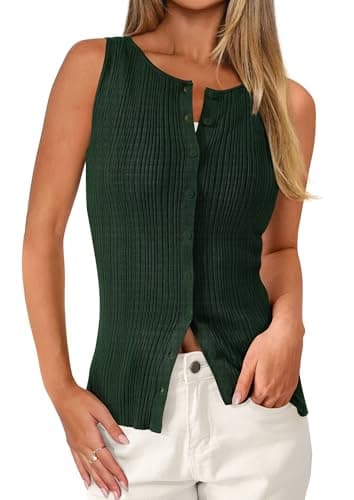 PRETTYGARDEN Sleeveless Button Down Shirts for Women Summer 2026 Going Out Ribbed Knit Tank Tops Y2K Clothes Trendy Vest Tops(Dark Green,X-Large) - Image 1