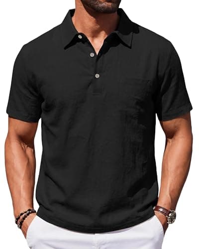 TRFIC Mens Polo Shirts Short Sleeve Golf Shirts for Men Linen Casual Summer Classic Collar Shirts with Pocket Black - Image 1