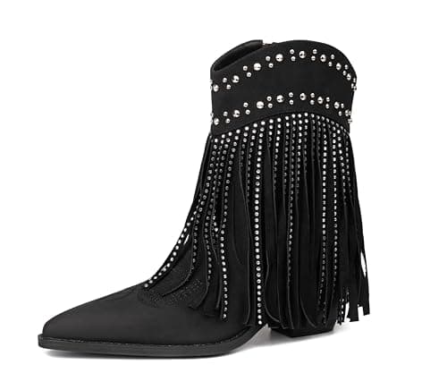 feetquake Cowboy Boots for Women Studded Rhinestone Sparkly Western Fringe Boots Vintage Faux Nubuck Black Cowgirl Boots Women 6M - Image 1